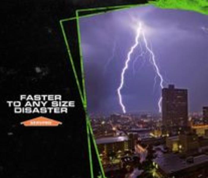 Lightning is shown over a city and the words faster to any size disaster and SERVPRO are displayed.
